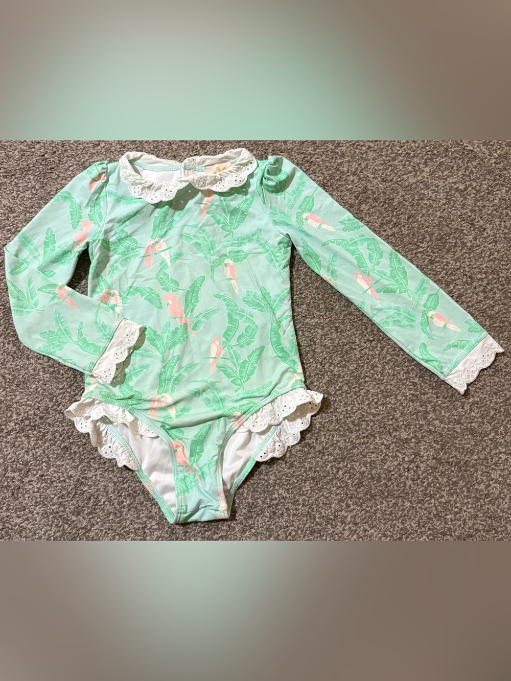 The Beaufort Bonnet Company Mint Green One-Piece Swimsuit with Pink Parrot Print